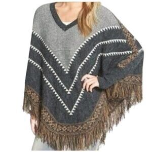 Dreamers Fringe V-Neck Poncho Sweater Aztec Fringe Artistic Boho Cozy, M/L